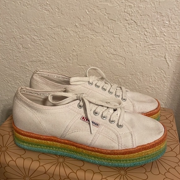 Superga 2790 Rainbow Espadrille Flatform Trainers in White - Picture 4 of 9